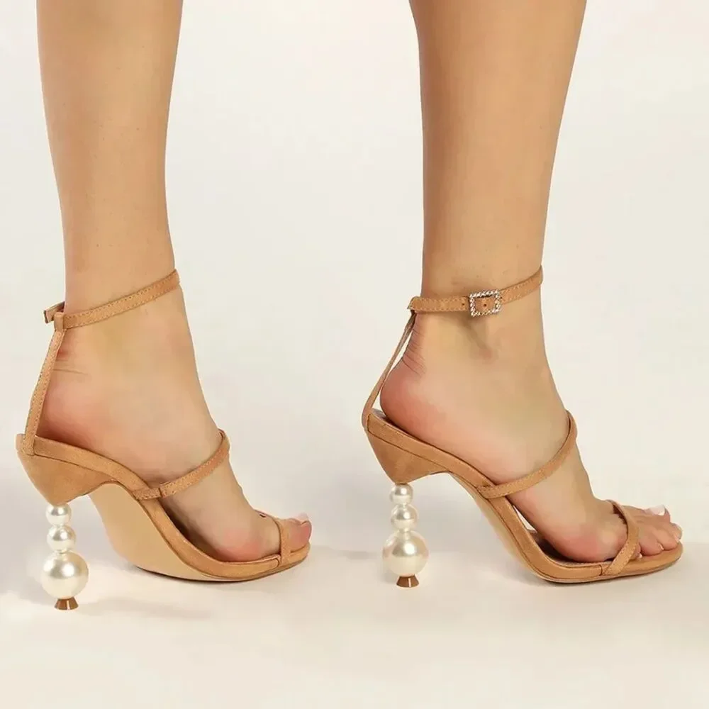 NWOT Lulus Linnett Tan Strappy Statement Bubble Pearl Heel Sandals Sz 10